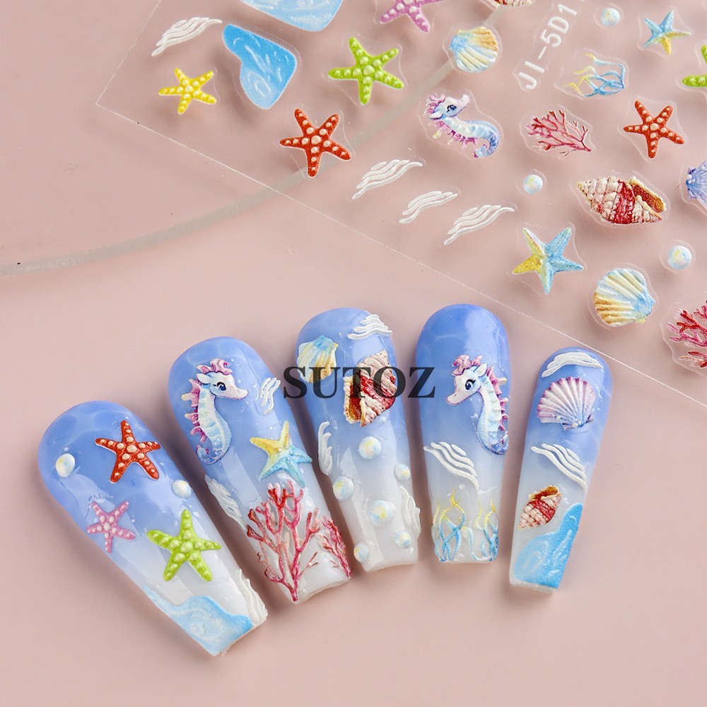 Summer 5D Embossed Ocean Nail Art Stickers Flower Starfish Seashell Coconut NH29