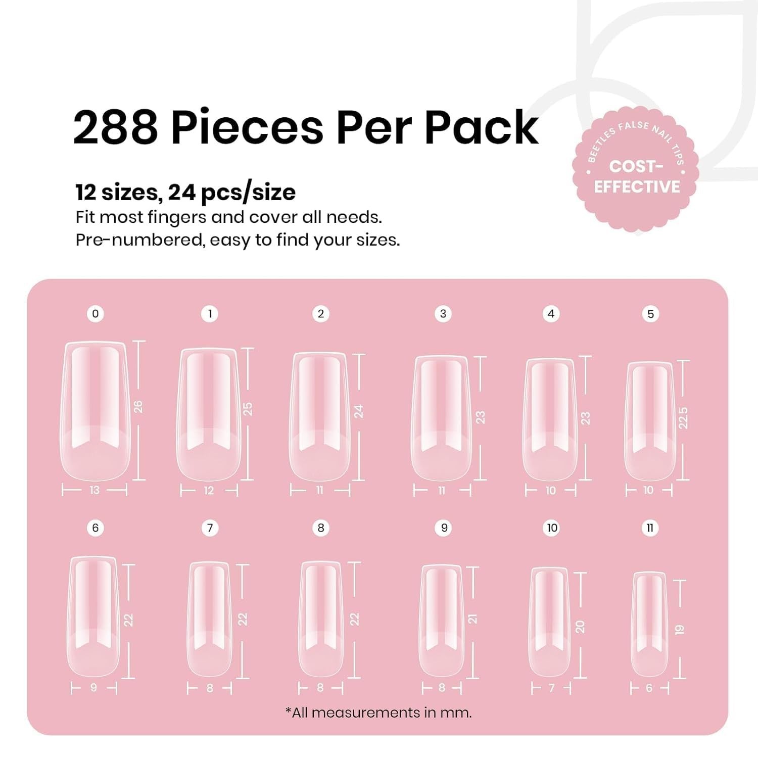 Beetles Gel Nail Tips Pre Etched Square Medium 288Pcs Half Matte DIY Nails