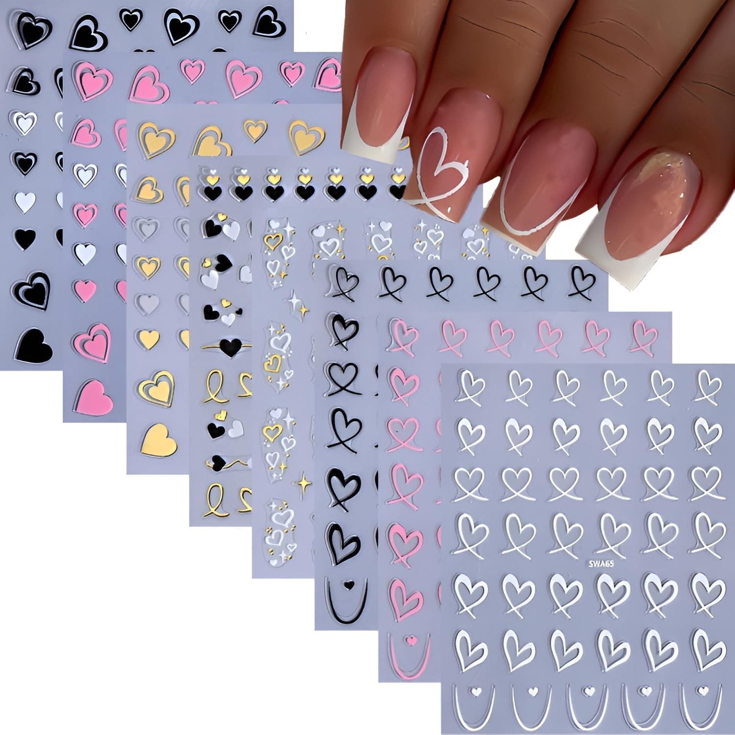 8 Sheets Heart Nail Art Stickers 3D Self Adhesive Gold Pink Decals