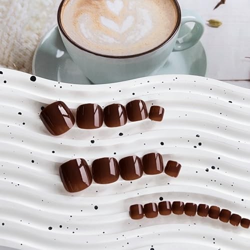 Solid Color Brown Press on Toenails for Women, 24Pcs Glossy glossy dark brown