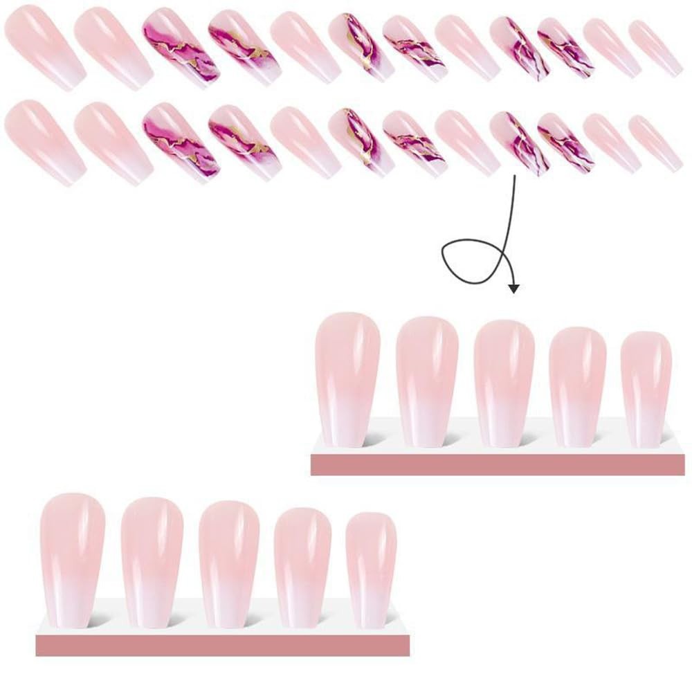 Marble Press on Nails Coffin Short Medium Ombre White Purple Fake Nail with G…