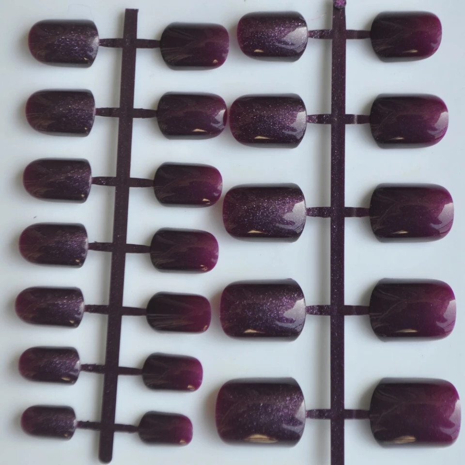 24 Short press on nails kit w glue Purple sheen burgundy darl