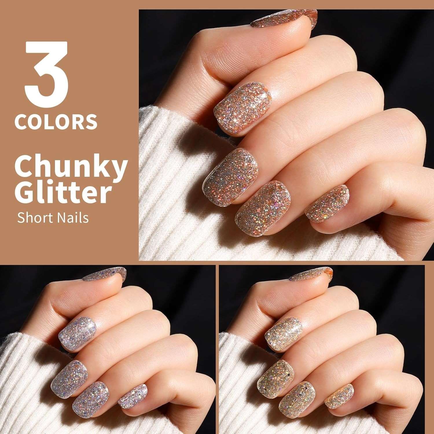 Glitter Short Square False Nails 288 Pieces with Nail Glue and File for Styling