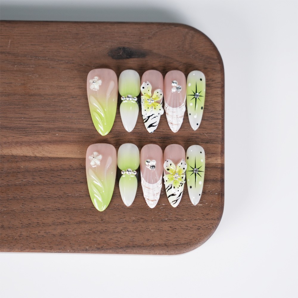 10p-Press on Nails 3D Flower Ombre Sparkle Stiletto Nail Set Reusable Handmade