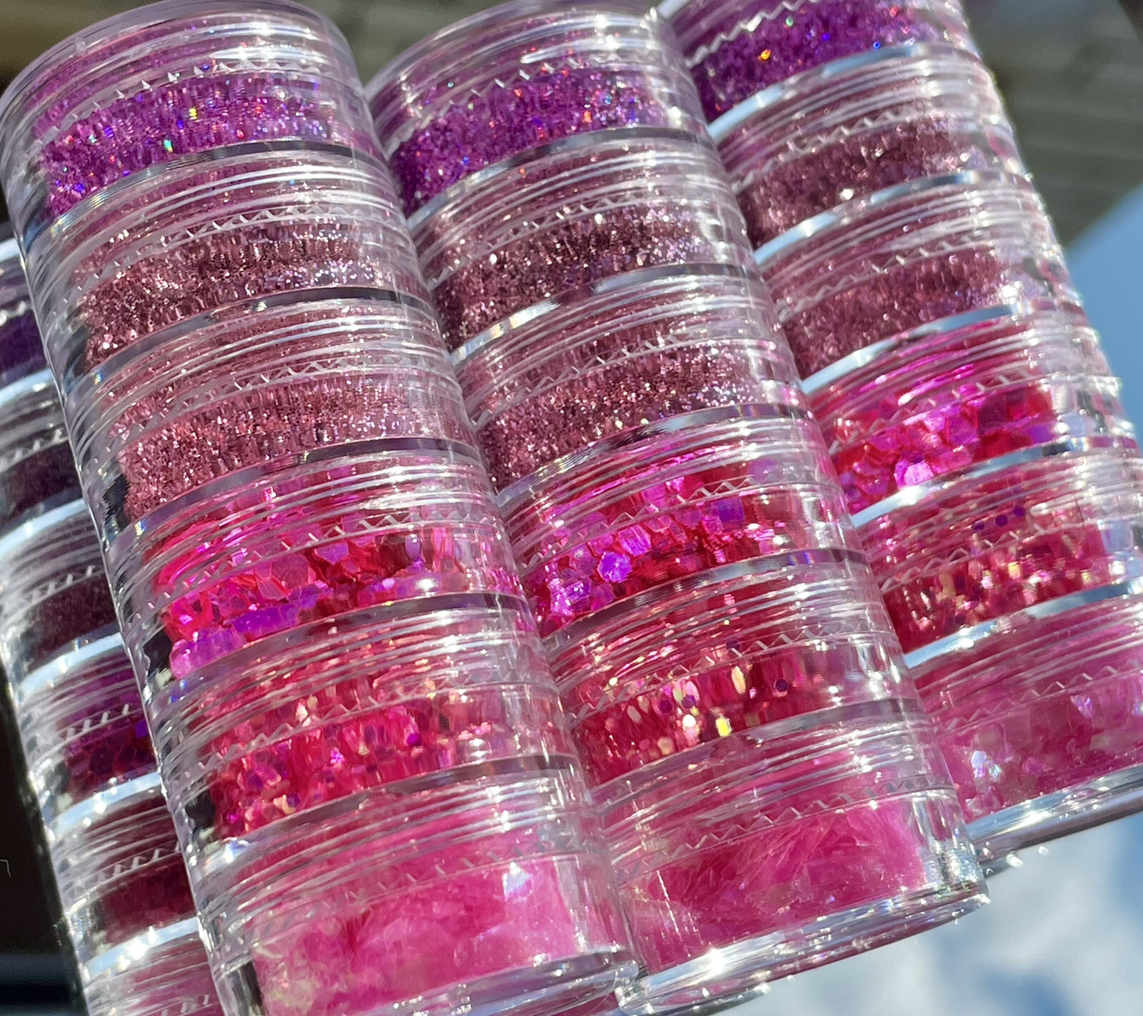 Holographic Rainbow RoseGold Pink Nail Hexagon Iridescent Shape Glitter Stack