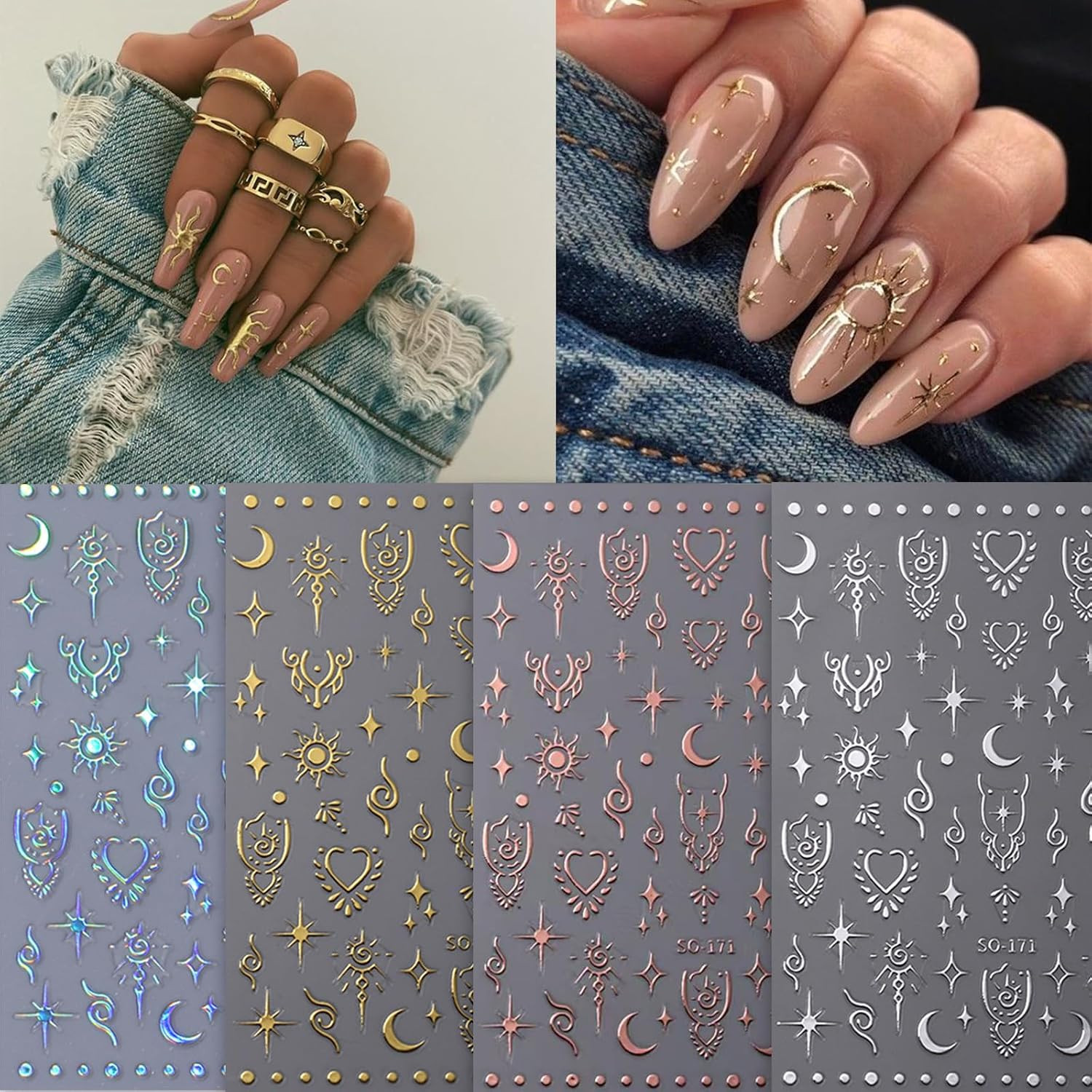 Moon Star Nail Stickers, 3D Self-Adhesive Art Decals Stars Sun Design Stickers L