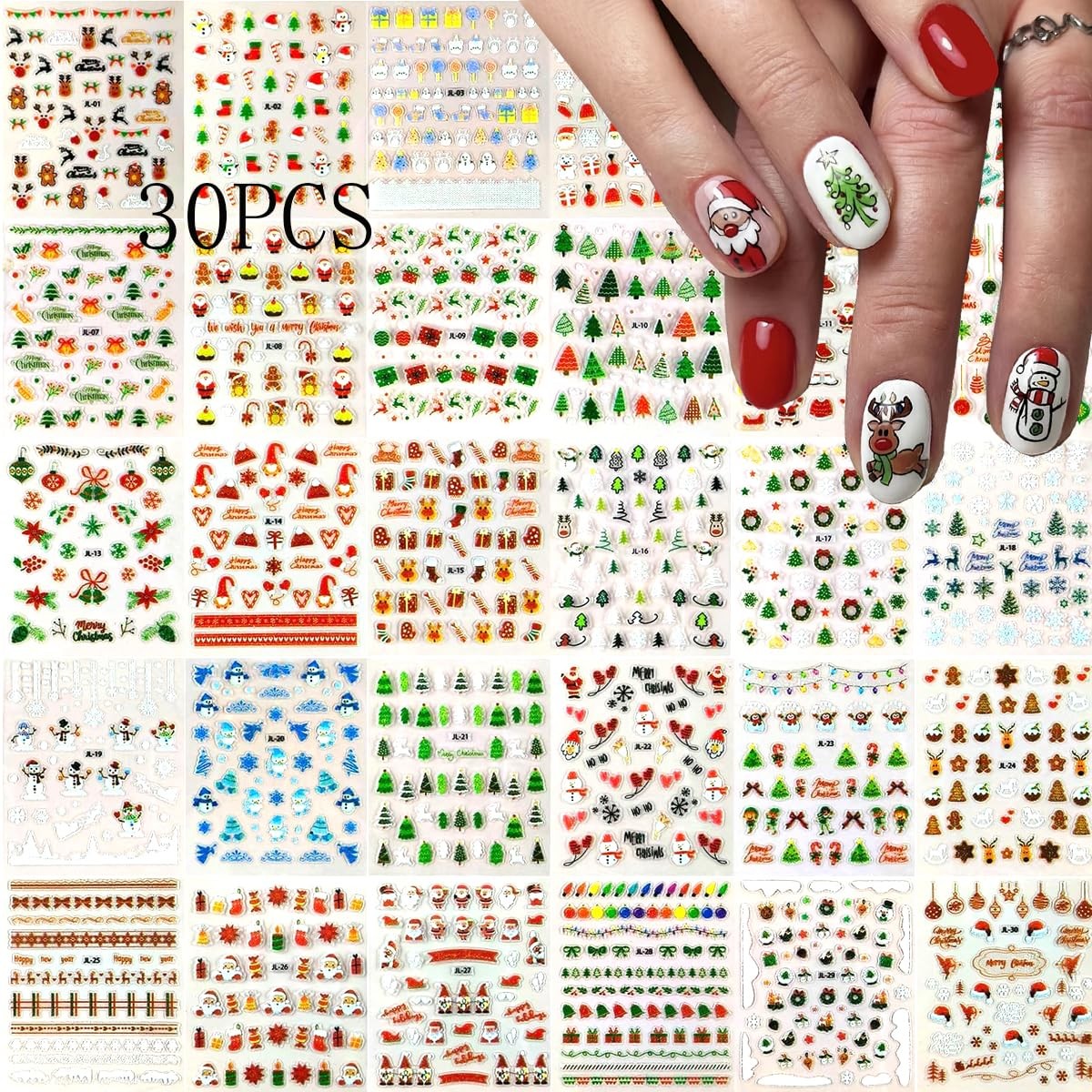 30Pcs/Set Glitter Christmas Nail Sticker 3D Self- Adhesive Nail Decals with C…