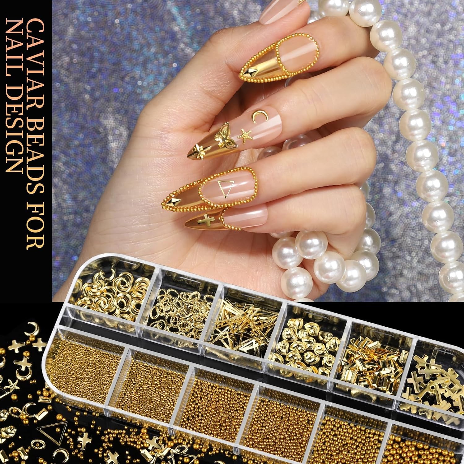 Teenitor Gold Nail Charms, 4 Boxes 3D Nail Art Gems Pearls Rhinestones