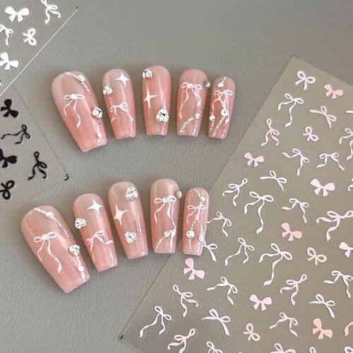 Sweet Pink White Black Bow Nail Stickers for Nail Art Kawaii Waving Ribbon