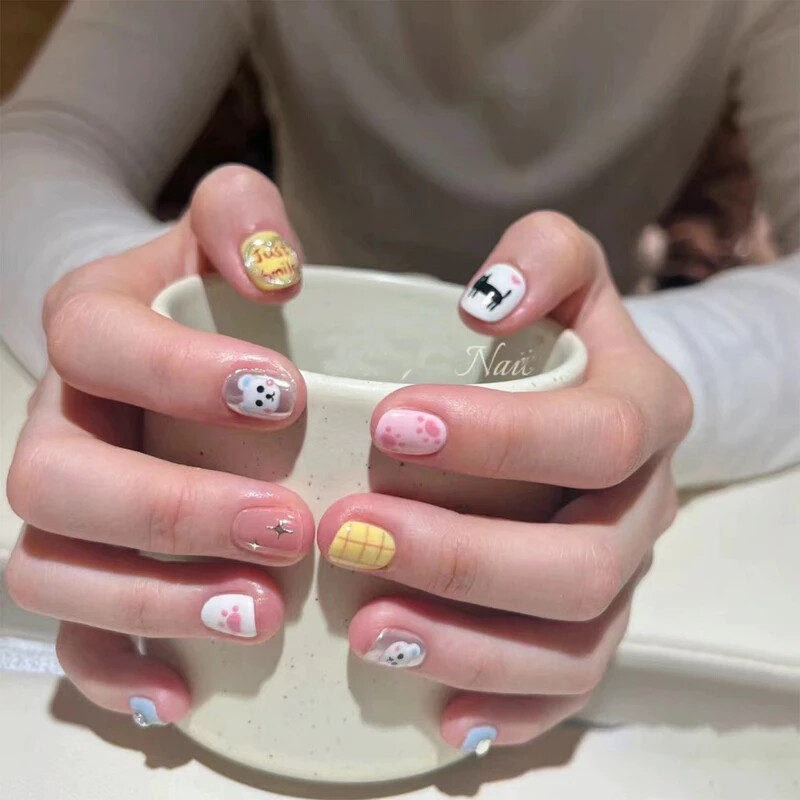 Handmade French Handpainted Cute Animal 3D Bow Fake Nail Short Press On Nail Set