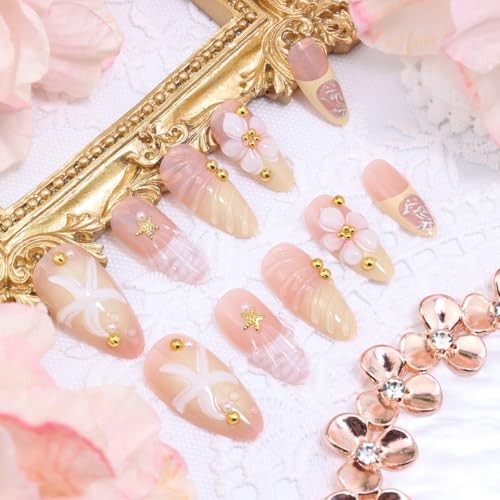 24Pcs Summer Press on Nails Ocean 3D Starfish Flower Fake Nails Summer Starfish