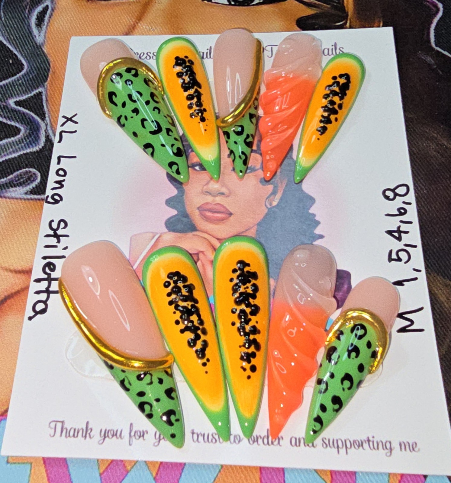 Handmade Gel Press On Nails, Summer Set Medium Size 1,5,4,6,8 XL Long Stiletto