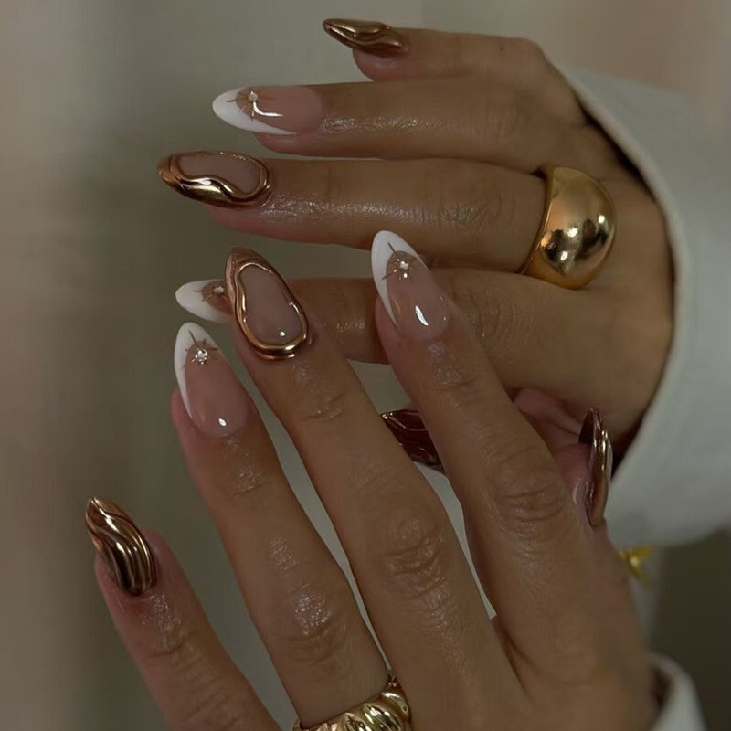 24pcs French Style Starburst 3D Golden press on Nails, Medium Almond Shape