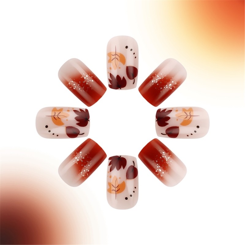 24 Pieces Acrylic Nail Short Square Glossy Maple Leaf Designs For Autumn