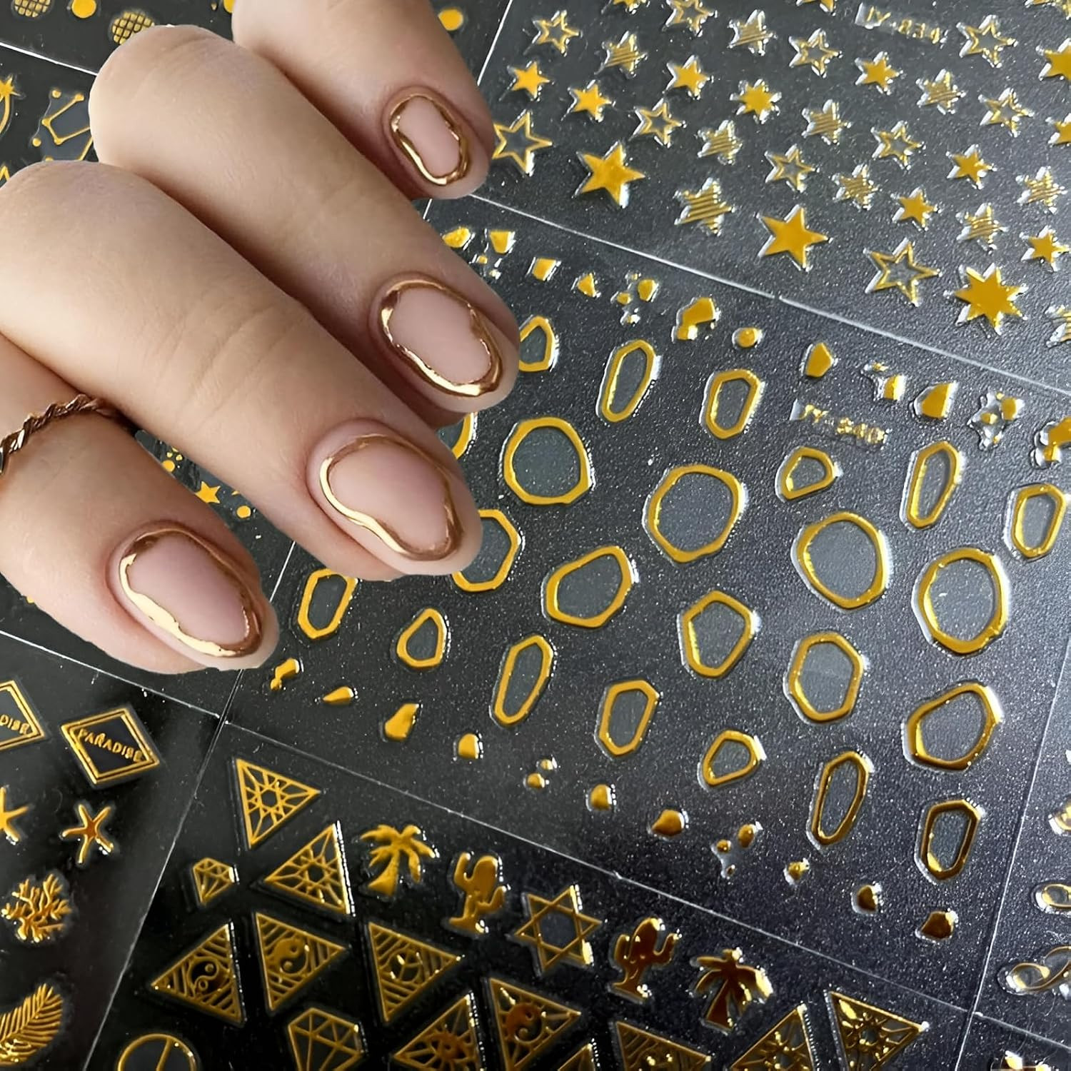30 Sheets Gold Nail Art Stickers 3D Self-Adhesive Nail Decals Gold Line Star Nai
