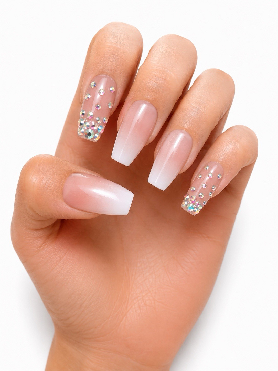 SET OF 2 French Ombre & Rhinestone Press On Nails Set | Nude Pink White