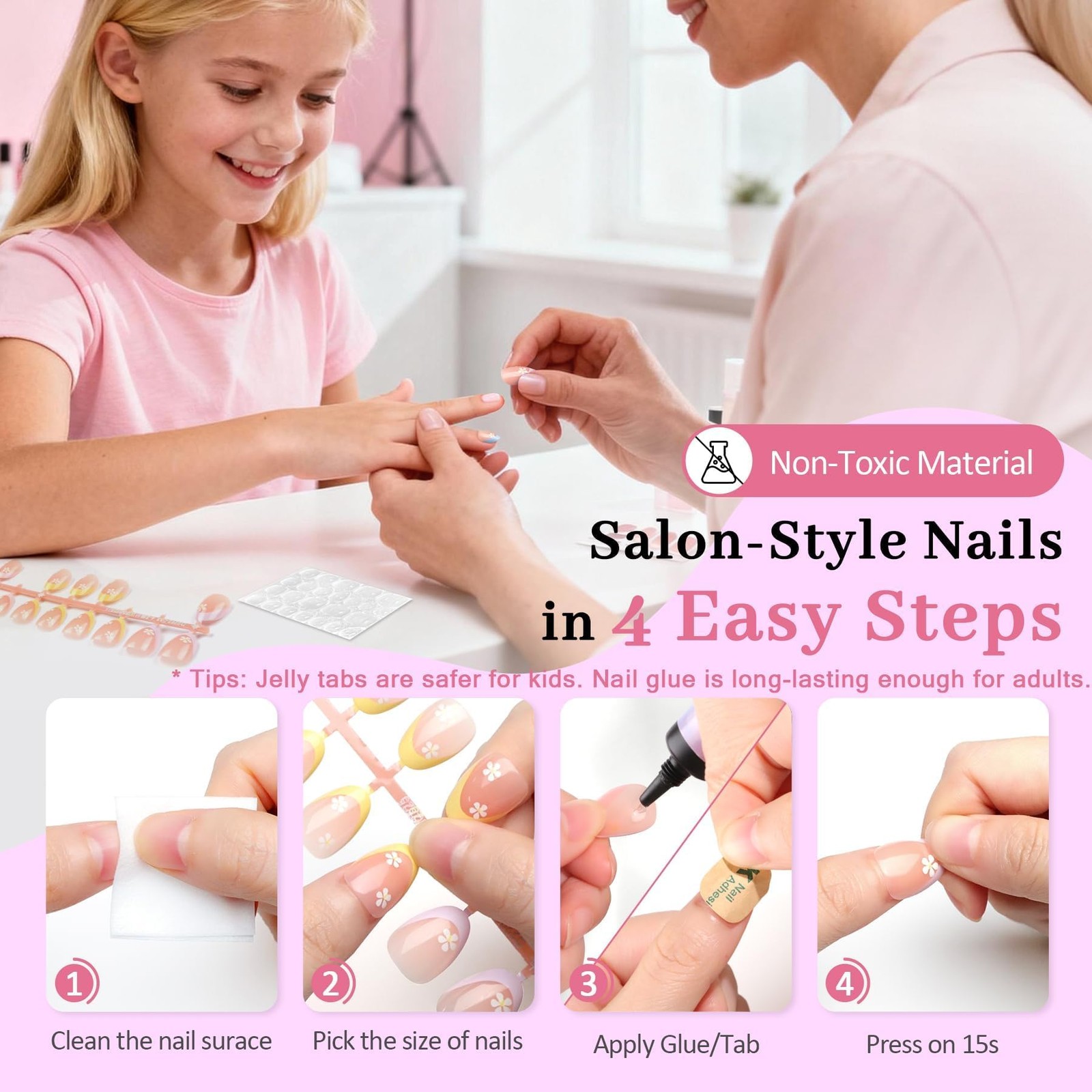 16 Sizes Press on Nails Kit for Kids – 32 Pieces French Almond Fake Nail Tips…